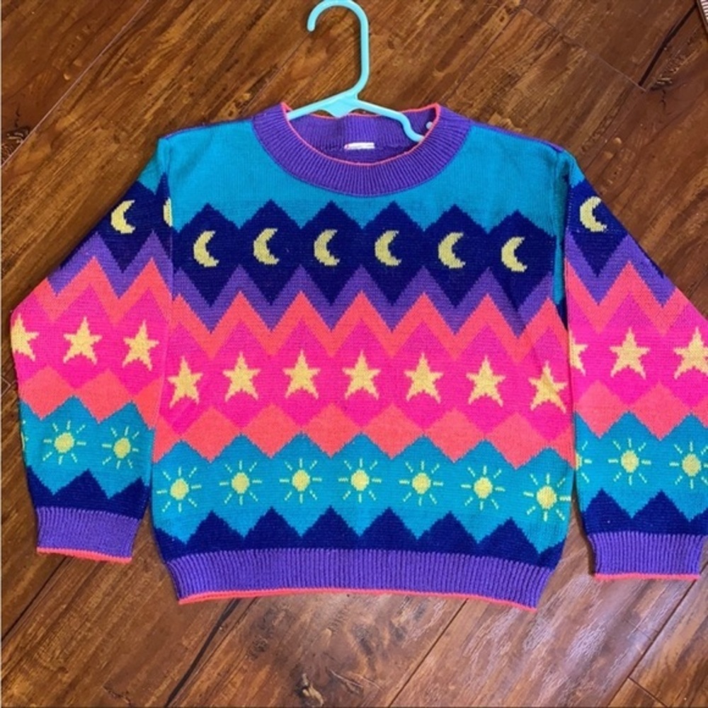 Vintage Neon Moon Stars Sweater Kids 4T 90s DayGlo Unisex